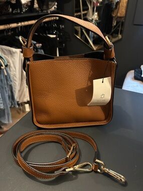 Leather Bucket Crossbody Bag in Cognac Brown - Made in Italy